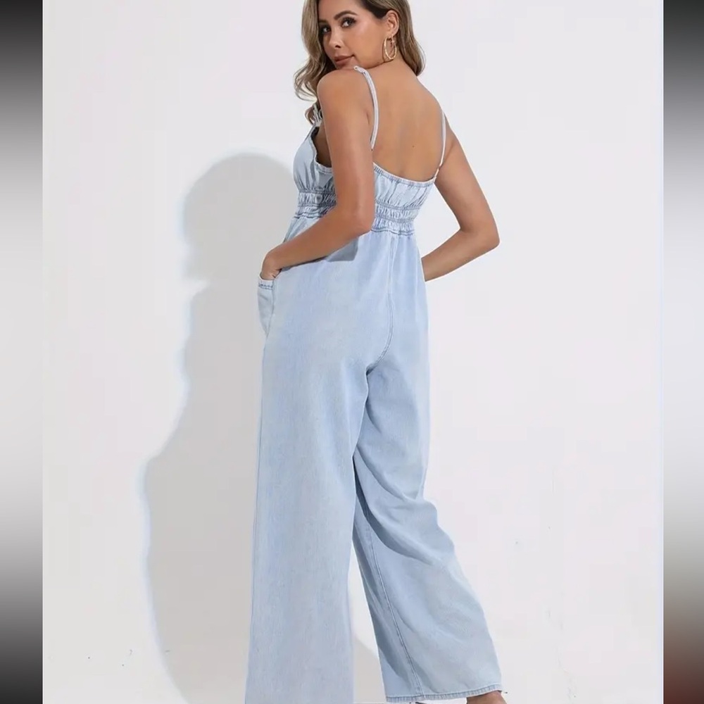 Denim jumpsuit blue acid wash pocket ruched stylish overall - Picture 5 of 6